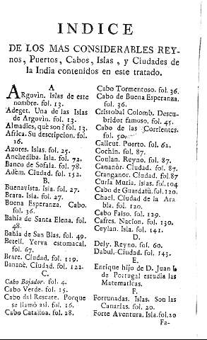 Indice de los más considerables Reynos, Puertos, Cabos, Islas, y Ciudades de la Indica contenidos en este tratado.