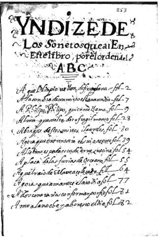 Yndizede. Los sonetos que ai en este libro, por el orden del ABC