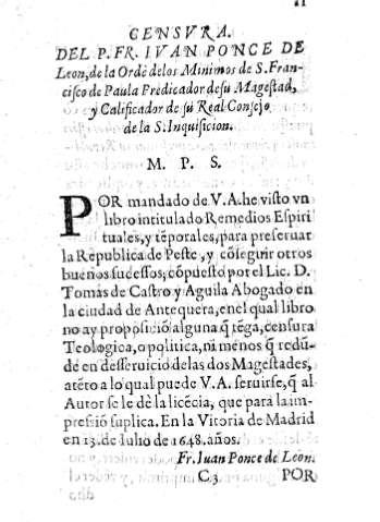 Censura del P. Fr. Ivan Ponce de Leon