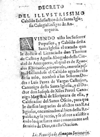 Decreto del Illustrissimo Cabildo Eclesistico de la Santa Iglesia Colegial de Antequera