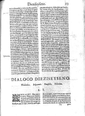 Dialogo dieziseyseno. Philaletes. Polycronio. Pamphilo. Philotimo