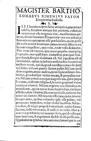 Magister Bartholomaevs Ximenivs Paton Eloquentiae studiosis  