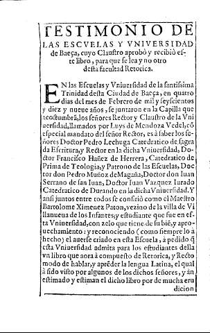Testimonio de las escvelas y Vniversidad de Baeça