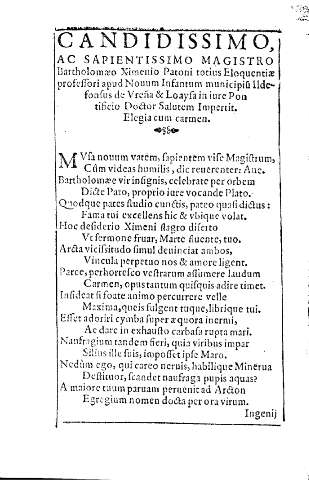 Candissimo, ac sapientissimo magistro Bartholomaeo Ximenio Patoni totius Eloquentiae  