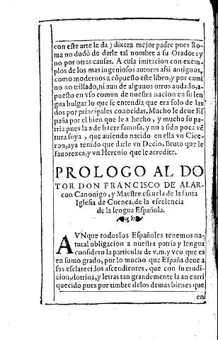 Prologo al doctor don Francisco de Alarcon Canonigo y Maestre escuela de la santa Iglesia de Cuenca, de la escelencia de la lengua Española