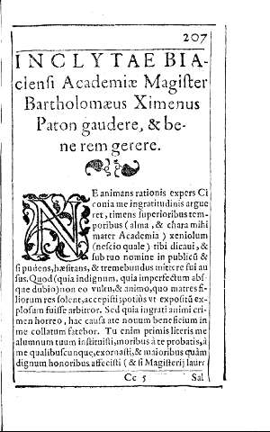 Inclytae Biaciensi Academiae Magister Bartholomaeus Ximenus Paton gaudere & bene rem genere        