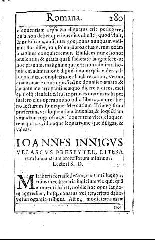 Ioannes Innigvs Velascvs presbyter, literarum humanorum professorum minimus      