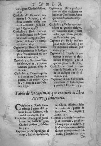 Tabla de los capítulos que continen el libro tercero, y Itinerario.