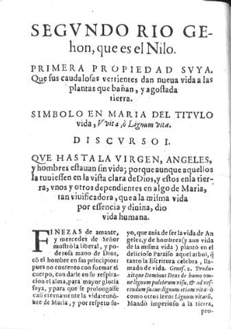 Segvndo Rio Gehon, que es el Nilo. Primera propiedad svya que sus caudalosas vertientes dan nueua vida a las plantas que bañan y agostada tierra. Discurso I    