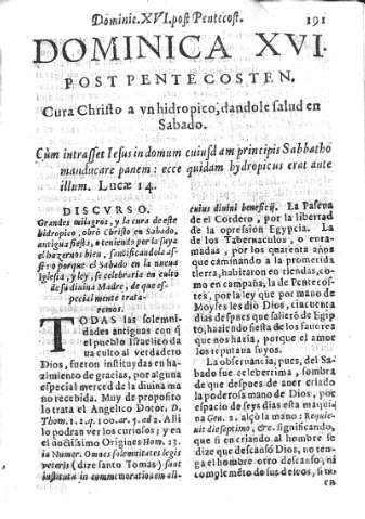 Dominica XVI post Pentecosten. Cura Christo a vn hidropico dandole la salud en Sabado