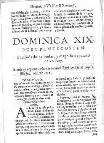 Dominica XIX post Pentecosten. Parabola de las bodas y magnifico aparato de vn Rey