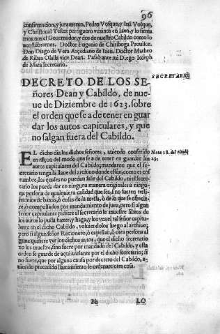 Decreto de los señores Dean y Cabildo, de nueve de Diziembre de 1623 ...