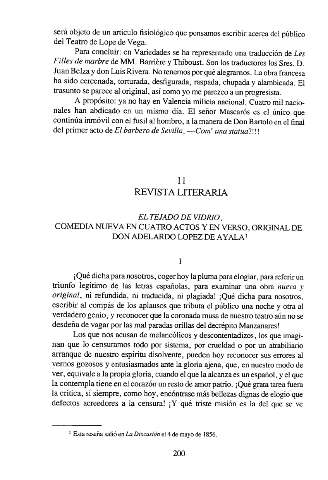 11. Revista literaria. El tejado de vidrio, comedia nueva en cuatro actos y en verso, original de don adelardo López de Ayala