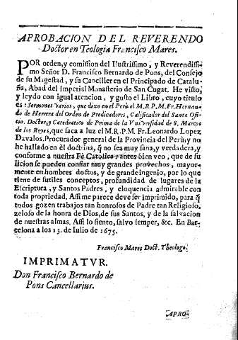 Aprobacion del Reverendo Doctor en Teologia Francisco Mares.