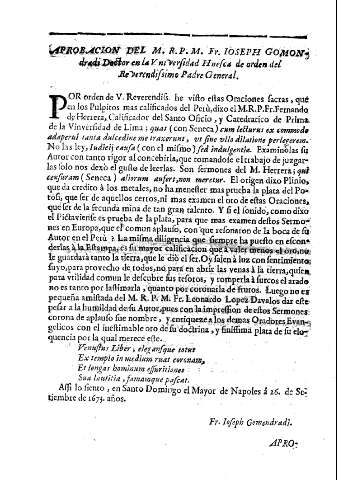 Aprobacion del M.R.P.M. Fr. Ioseph Gomondradi...