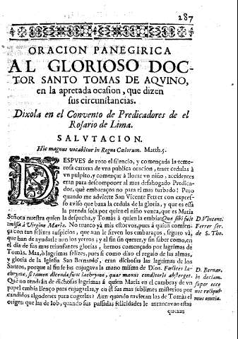 Oracion panegirica al glorioso Doctor Santo Tomas de Aquino, en la apretada ocasion, que dizen sus circunstancias.