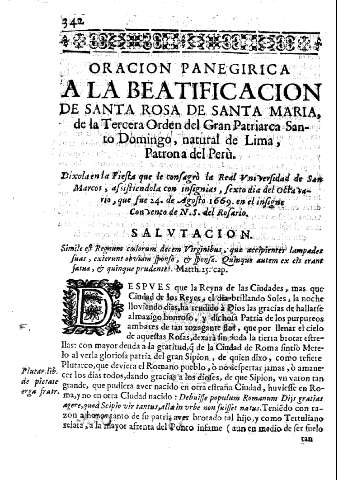 Oracion panegirica a la beatificacion de Santa Rosa Maria