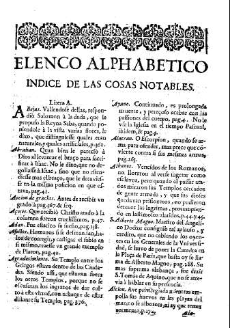 Elenco alphabetico. Indice de las cosas notables.