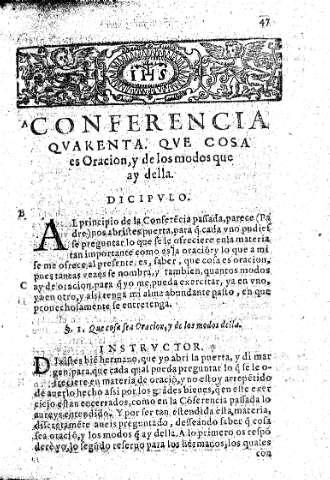 Conferencia qvarenta. Qve cosa es Oracion, y de los modos que ay della