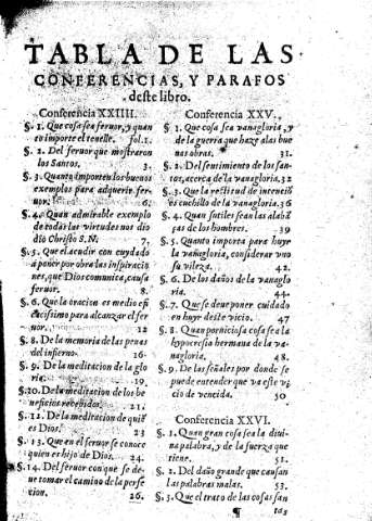 Tabla de las Conferencias, y parafos deste libro