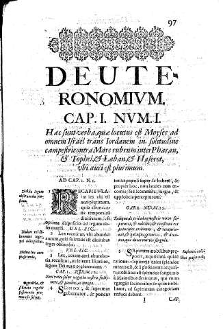Deuteronomivm. Cap.I. Nvm.I. Haec sunt verba, quae locuius est Moyses ad omnem Israel trans Iordanem in solitudine campestri contra Mare rubrum inter Pharan 