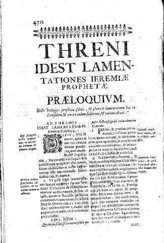 Threni idest lamentationes Ieremiae prophetae. Praeloquivm. Sedit Ieremias propheta fleris 