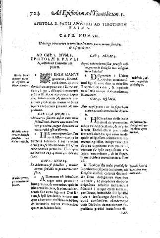 Epistola B. Pauli apostoli ad Timotheum Prima. Cap.II Num.VIII. Volo ergo viros orare in omni loco