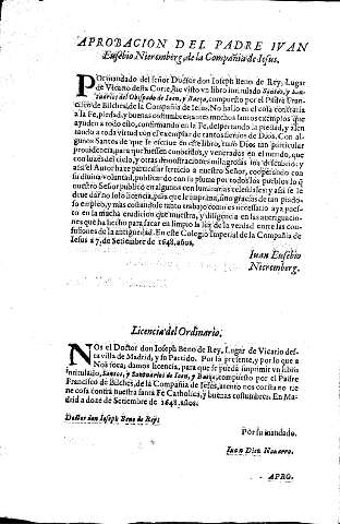 Aprobacion del Padre Ivan Eusebio Nieremberg, de la Compañía de Iesus