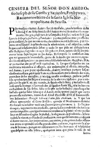 Censura del Señor Don Ambrosio Ioseph de la Cuesta y Saavedra, Presbytero, Racionero entero de la santa Metropolitana de Sevilla