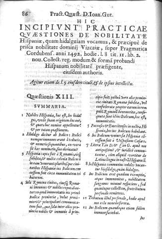 Hic incipivnt practicae quaestiones de nobilitate Hispaniae... Quaestionis XIII