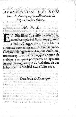 Aprovacion de Don Iuan de Xauregui, cavallerizo de la Reyna Nuestra Señora.