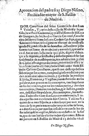 Aprovacion del padre Fray Diego Niseno, predicador mayor de S. Vasileo de Madrid.
