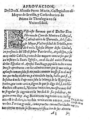 Aprovacion del Doct. Alonso Perez Marin, Collegial en el Mayor de Sevilla, y Cathedratico de Prima de Theulugia en su Universidad.
