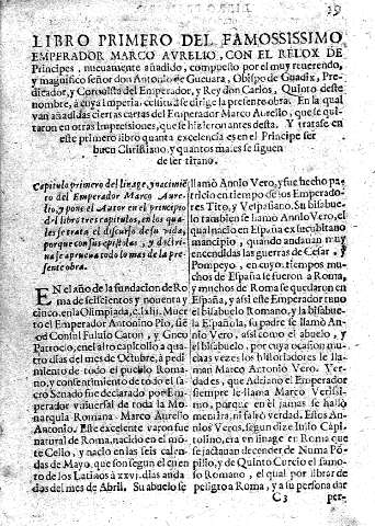 Libro Primero del famossissimo Emperador Marco Avrelio, con el Relox de Principes,...