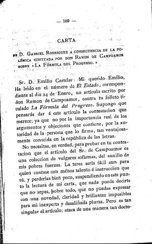 Carta de D. Gabriel Rodríguez a consecuencia de la polémica suscitada por don Ramón de Campoamor sobre 