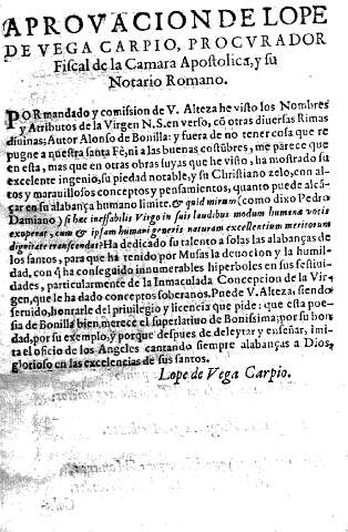 Aprobacion de Lope de Vega Carpio