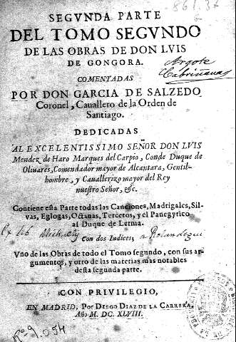 Segvnda Parte del Tomo Segvndo de las obras de Don Lvis de Gongora