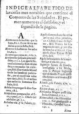 Indice alfabético de las cosas mas notables que contiene el Comento de las Soledades
