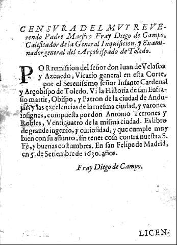 Censura del Muy Reverendo Padre Maestro Fray Diego de Campo, calificador de la general Inquisicion y examinadorr general del Arzobispado de Toledo.