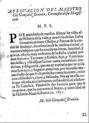 Aprovacion del Maestro Gil Gonzalez Davila, Coronista de su Magestad.