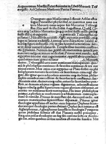 Argumentum Marsilii Ficini florentini in Libri Mercurii...