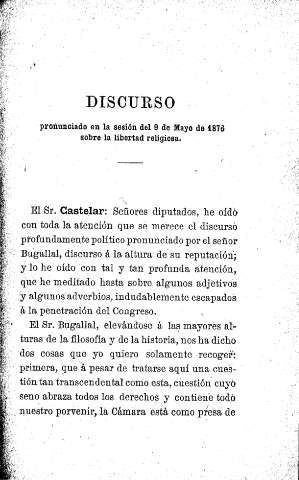 Discurso pronunciado en la sesión del 9 de Mayo de 1876 sobre la libertad religiosa