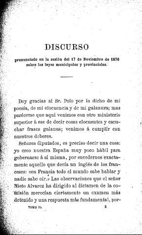 Discurso pronunciado en la sesión del 17 de noviembre de 1876 sobre las leyes municipales y provinciales