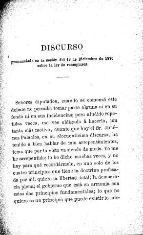 Discurso pronunciado en la sesión del 13 de Diciembre de 1876 sobre la ley de reemplazos