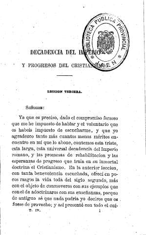 Decadencia del Imperio y progreso del Cristianimo. - Lección tercera