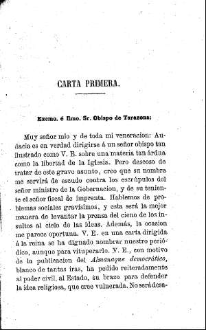 Carta primera. Excmo. é Ilmo. Sr. Obispo de Tarazona