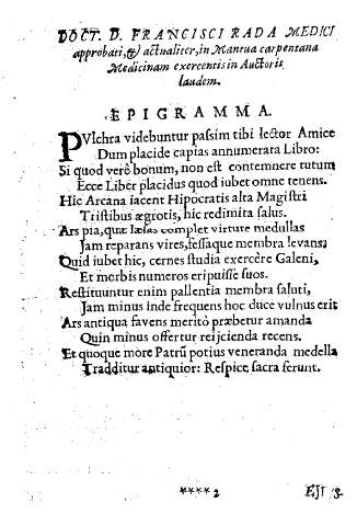 Doct. D. Francisci Rada Medici approbari, et actualiter, in Mantua carpentana Medicinam exercentis in auctoris laudem.