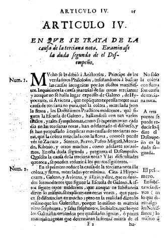 Articulo IV. En que se trata de la causa de la terciana nota. Examinese la duda segunda de el Desempeño.