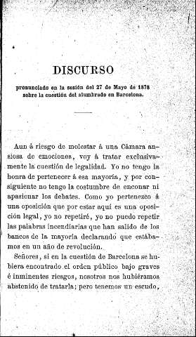 Discurso pronunciado en la sesión del 27 de Mayo de 1878 sobre la cuestión del alumbrado en Barcelona