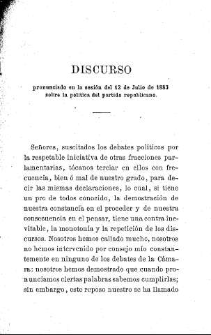 Discurso pronunciado en la sesión del 12 de Julio de 1883 sobre la política del  partido republicano